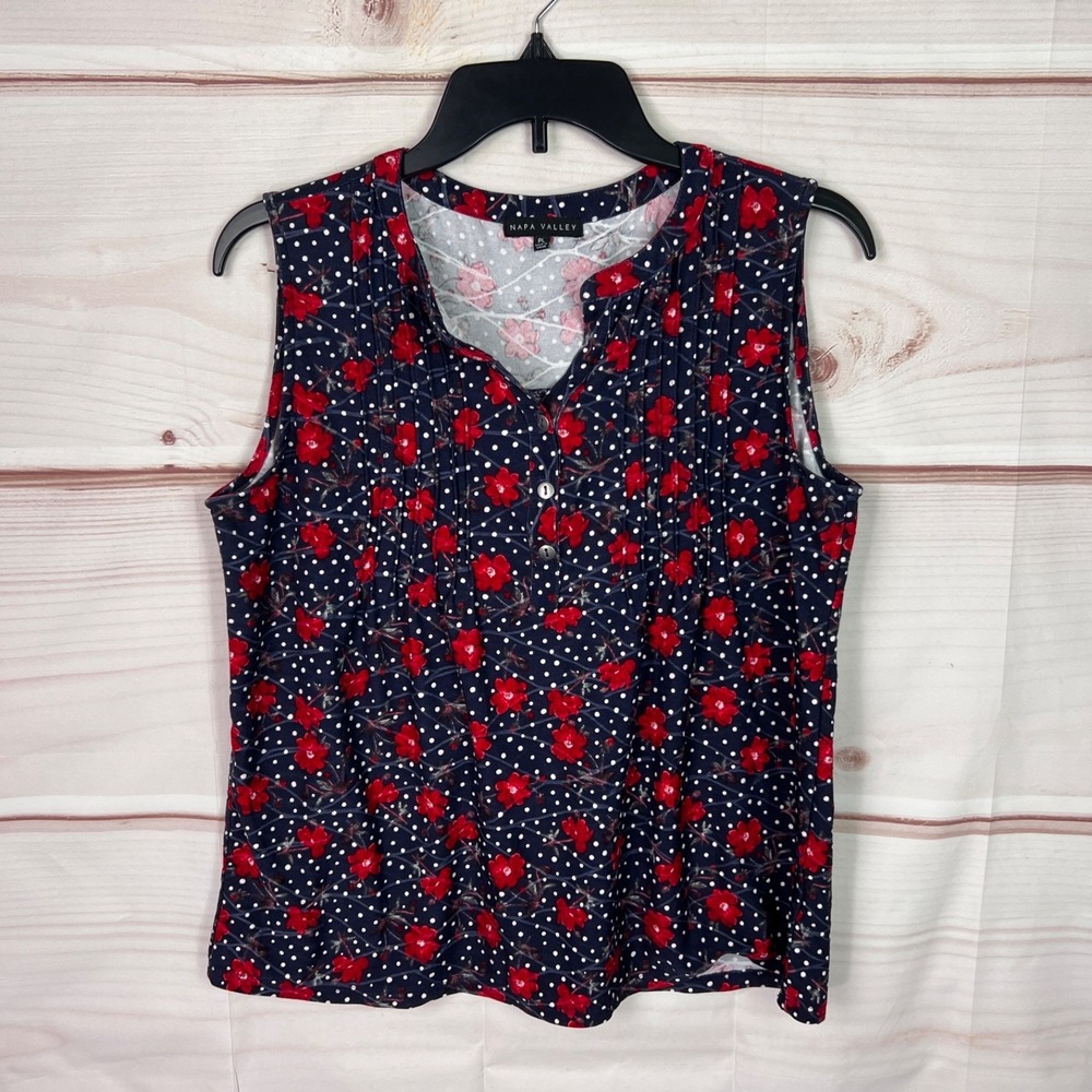 Napa Valley Top Womens PL Blue Red Floral Blouse Sleeveless Henley Pintuck Knit